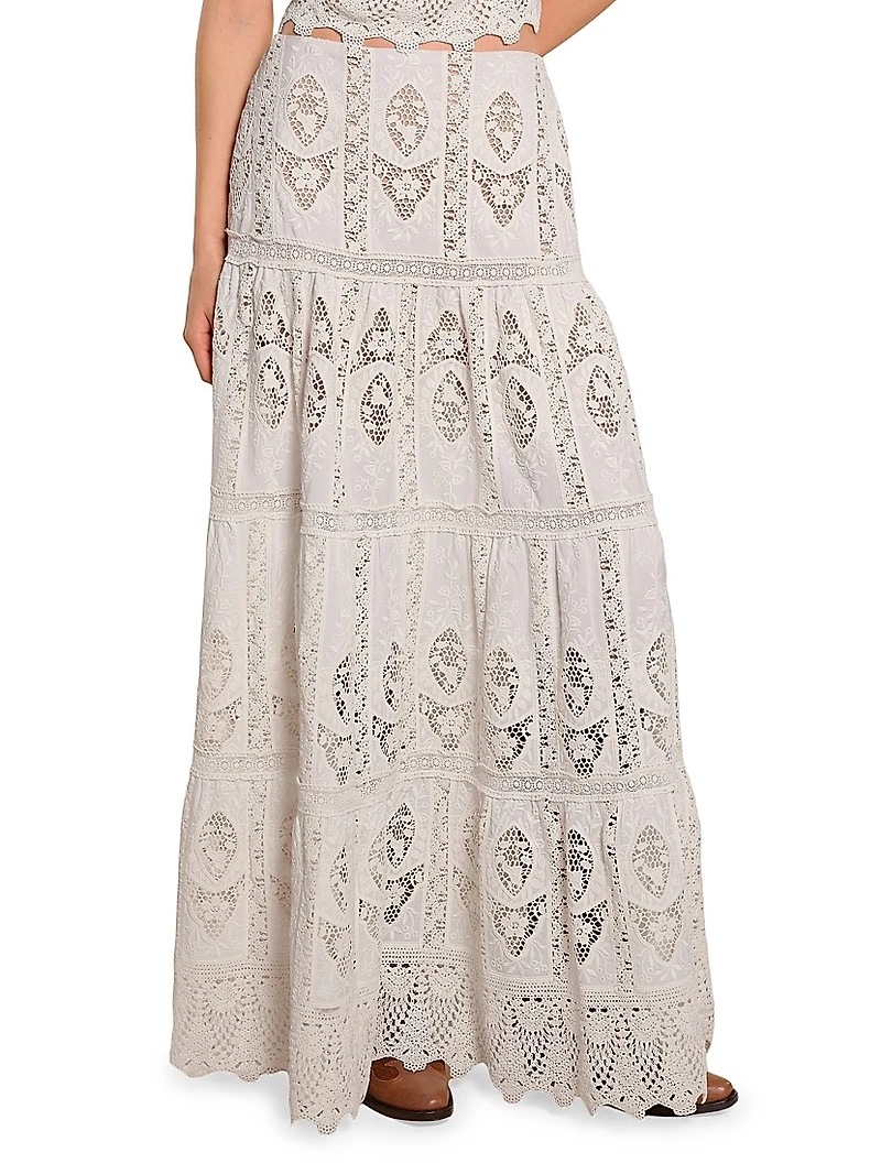 Micaela Highlighted Fields Embroidered Tiered Maxi Skirt