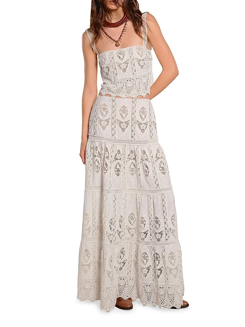 Micaela Highlighted Fields Embroidered Tiered Maxi Skirt