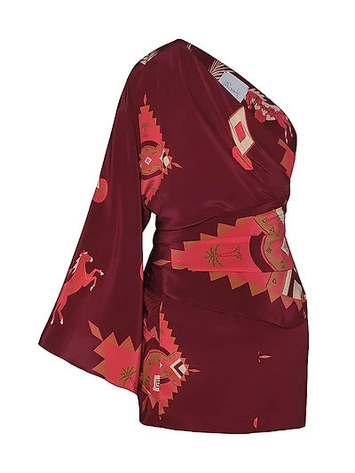 Micaela Hidden Oasis Geometric Silk One-Shoulder Minidress