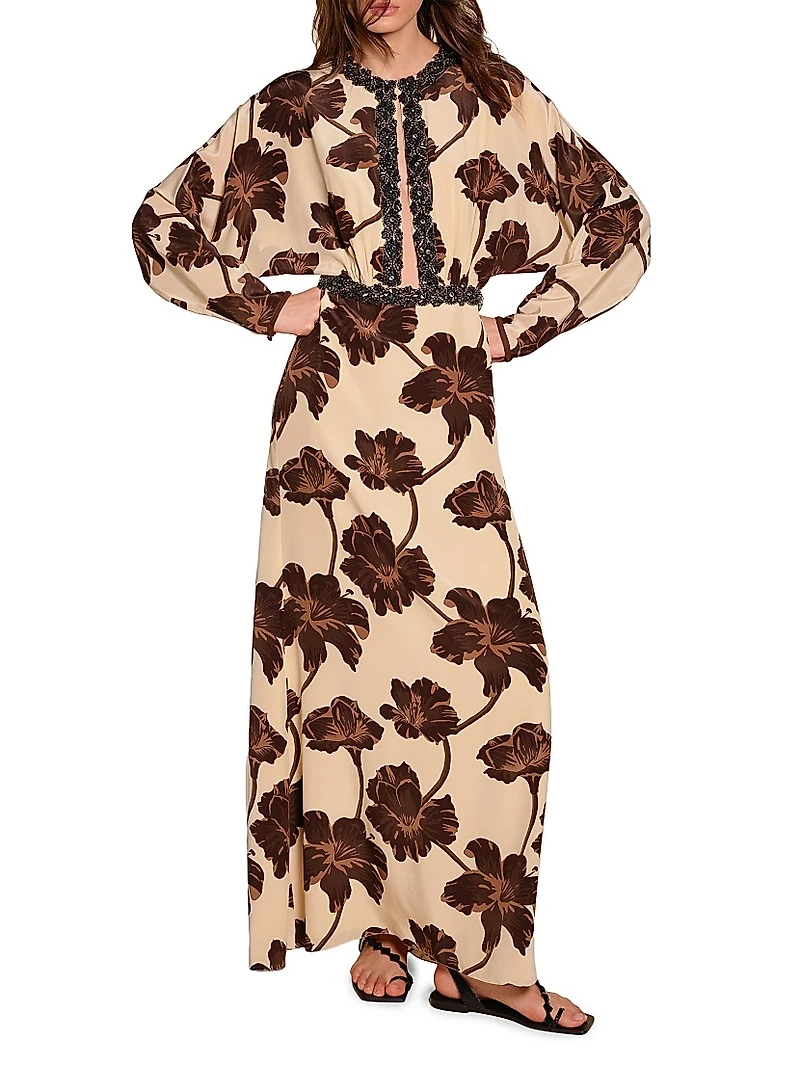 Micaela Adoración Continua Embellished Floral Silk Maxi Dress