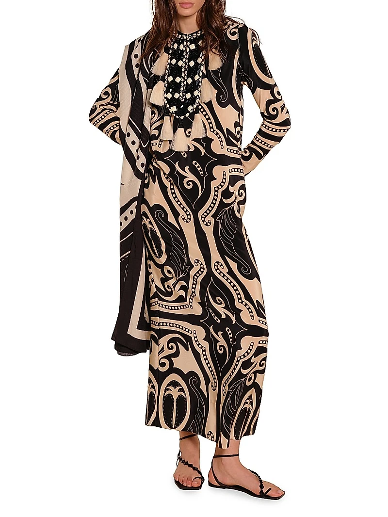 Micaela Libertad Geometric Silk Maxi Dress