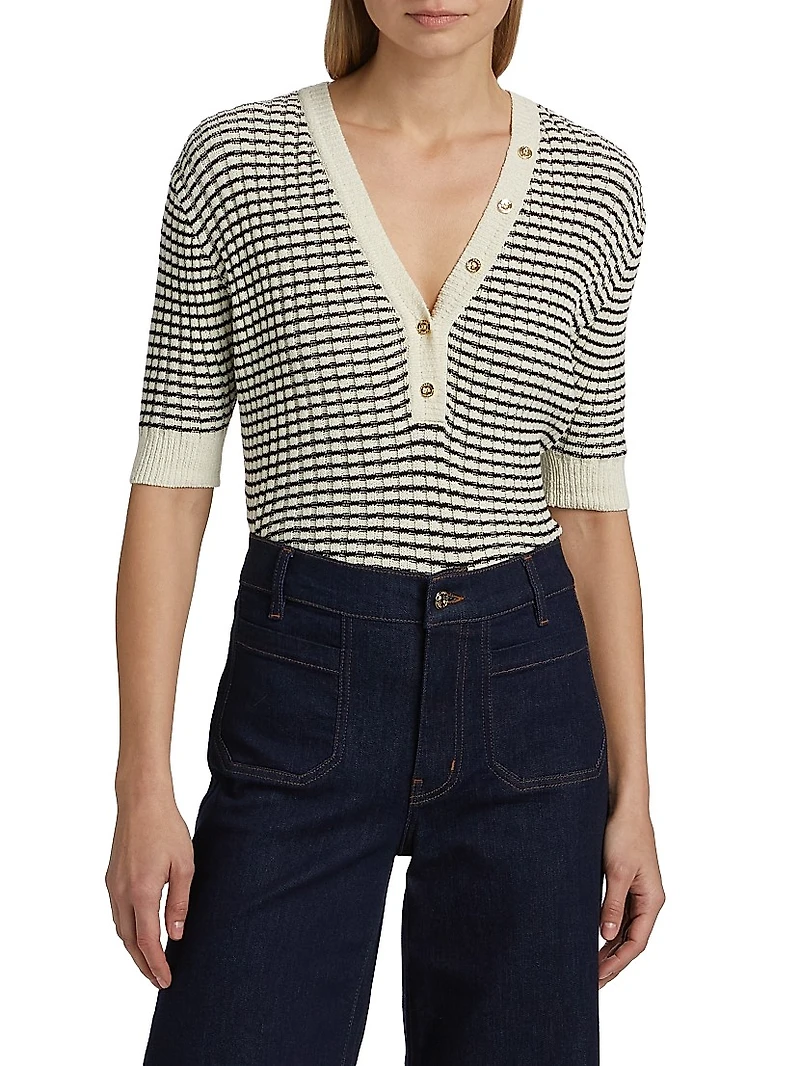 Striped V-Neck Short-Sleeve Sweater
