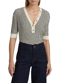 Striped V-Neck Short-Sleeve Sweater