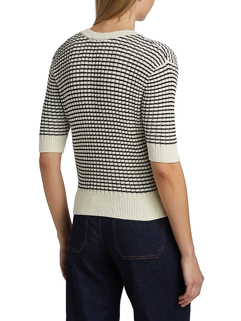 Striped V-Neck Short-Sleeve Sweater