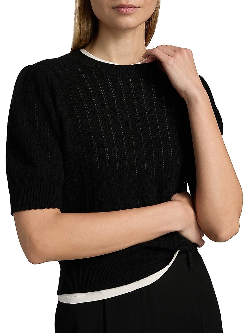 Ladder Pointelle Cashmere Short-Sleeve Sweater