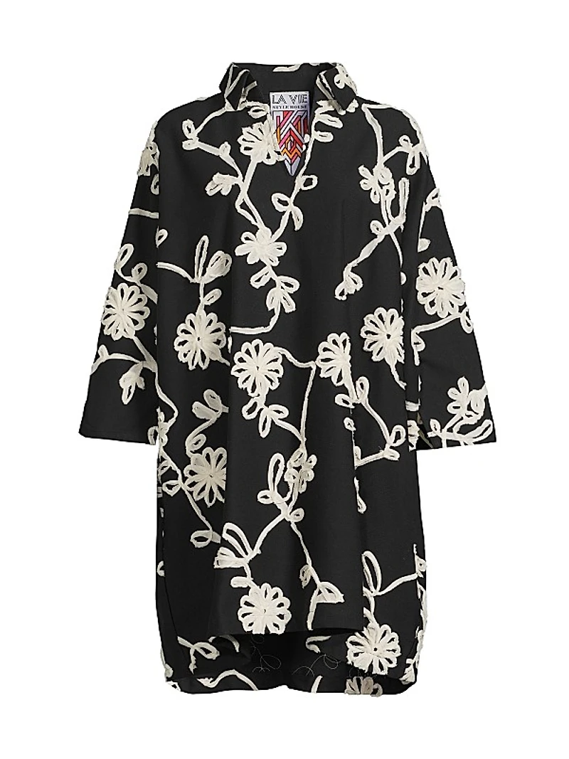 Floral Ribbon Cotton Oversized Shirtdress