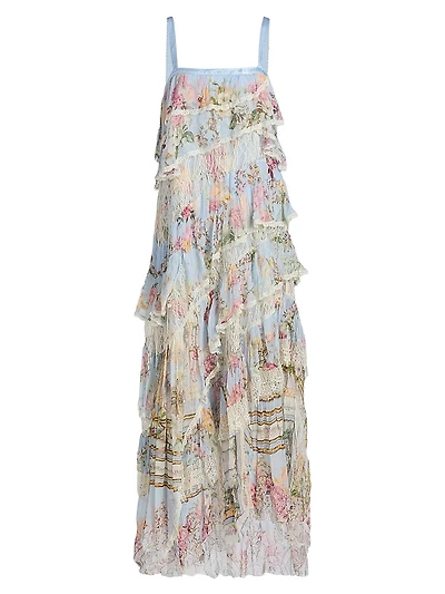 Tiled Time Asymmetric Spliced Lace Midi-Dress