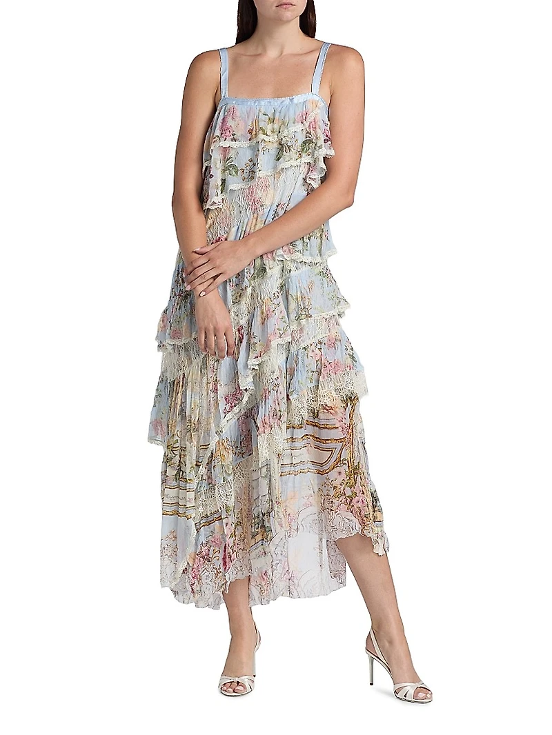 Tiled Time Asymmetric Spliced Lace Midi-Dress