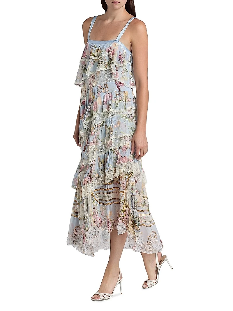 Tiled Time Asymmetric Spliced Lace Midi-Dress