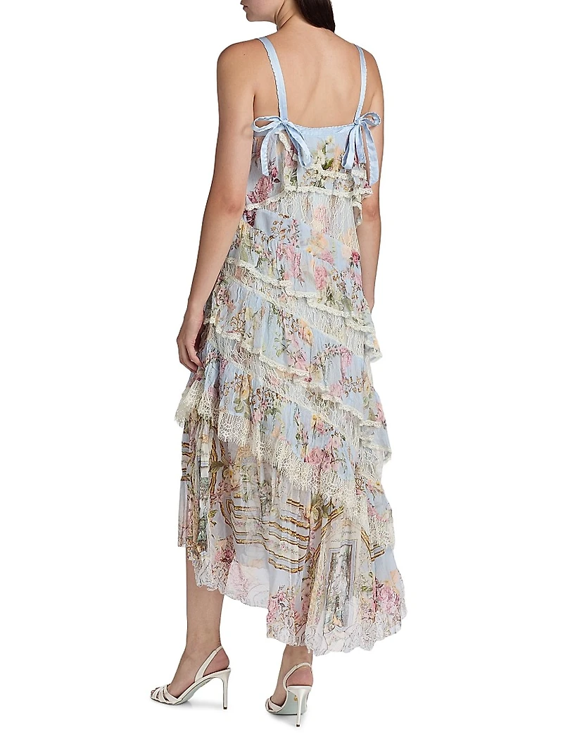 Tiled Time Asymmetric Spliced Lace Midi-Dress