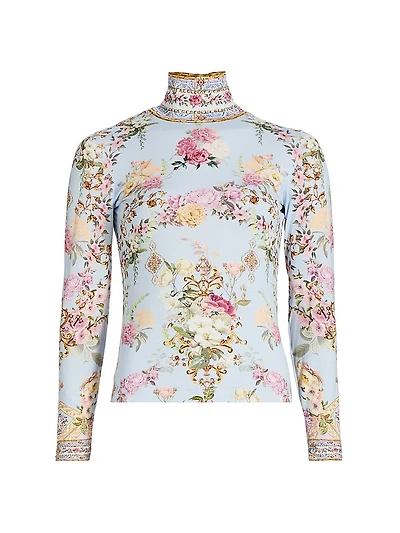 Tiled Time Floral Jersey Turtleneck Top