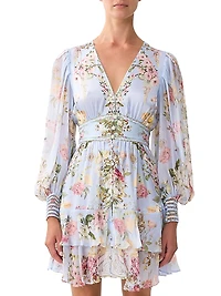 Tiled Time Silk Frill Minidress