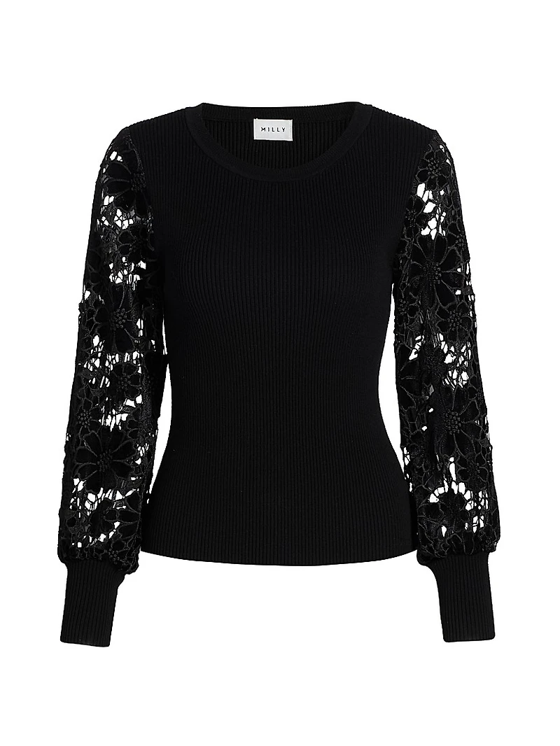 Velvet Lace-Sleeve Rib-Knit Sweater