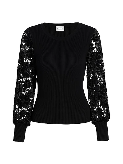 Velvet Lace-Sleeve Rib-Knit Sweater