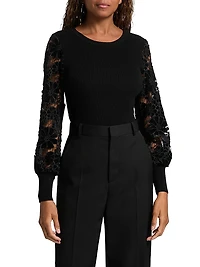 Velvet Lace-Sleeve Rib-Knit Sweater