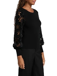 Velvet Lace-Sleeve Rib-Knit Sweater