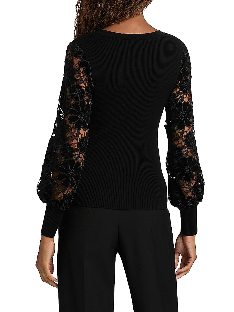 Velvet Lace-Sleeve Rib-Knit Sweater