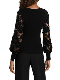 Velvet Lace-Sleeve Rib-Knit Sweater