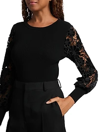 Velvet Lace-Sleeve Rib-Knit Sweater