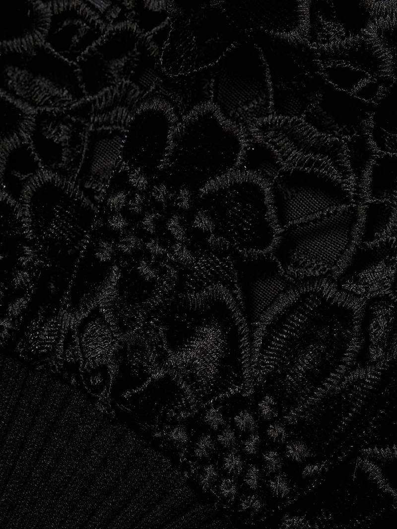 Velvet Lace-Sleeve Rib-Knit Sweater