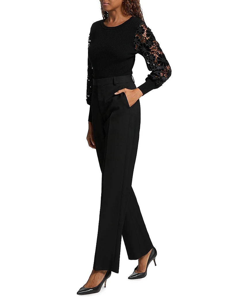 Velvet Lace-Sleeve Rib-Knit Sweater