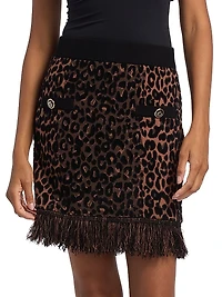 Leopard-Print Fringe-Hem Knit Skirt