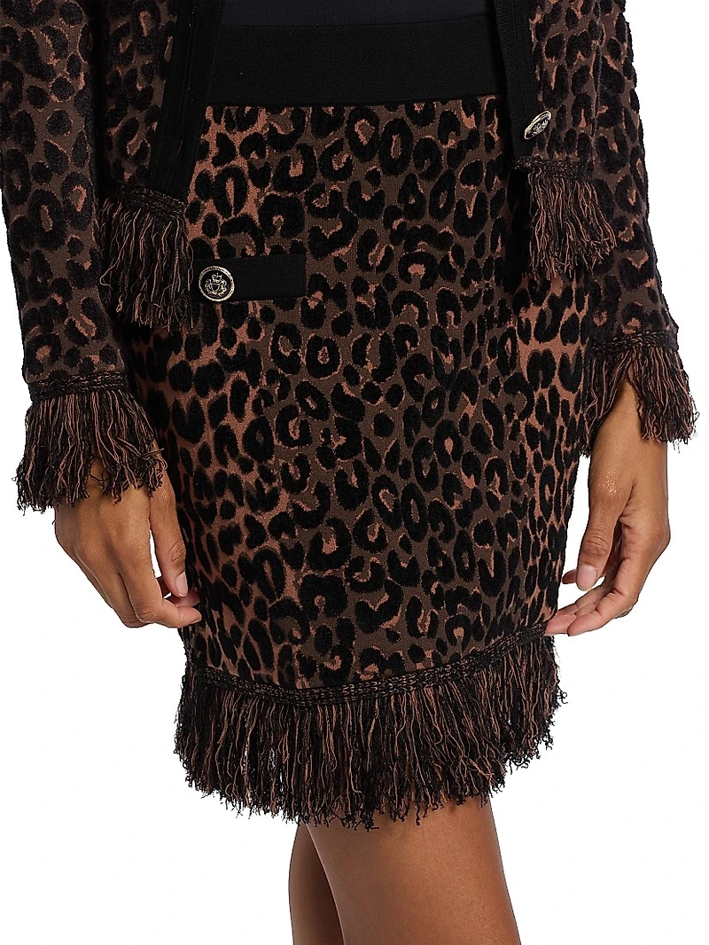 Leopard-Print Fringe-Hem Knit Skirt