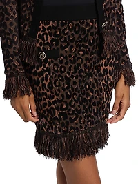 Leopard-Print Fringe-Hem Knit Skirt