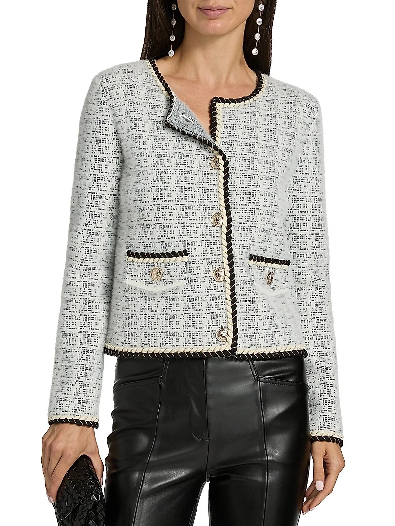 Braided-Trim Tweed Cardigan
