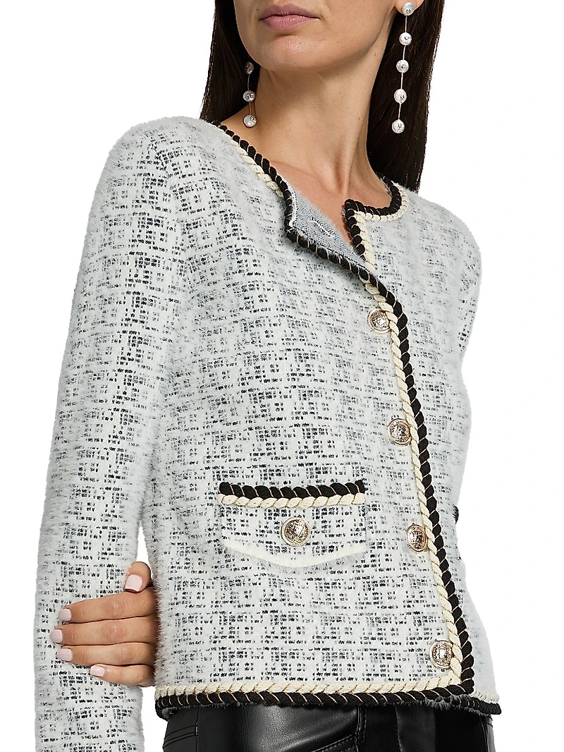 Braided-Trim Tweed Cardigan