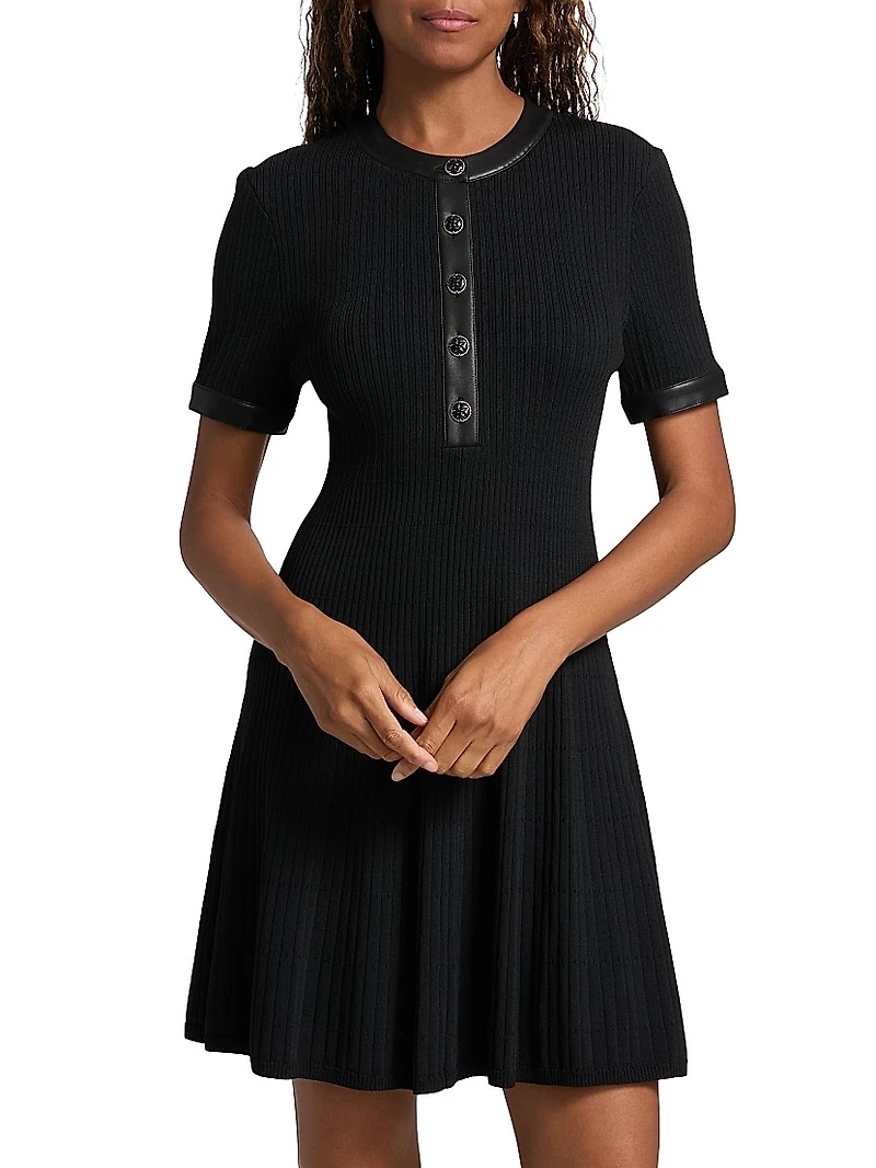 Faux Leather-Trim Henley Minidress