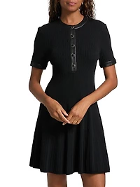 Faux Leather-Trim Henley Minidress