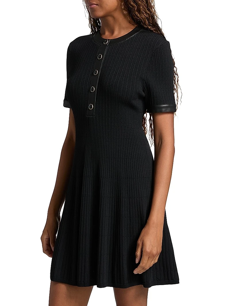 Faux Leather-Trim Henley Minidress