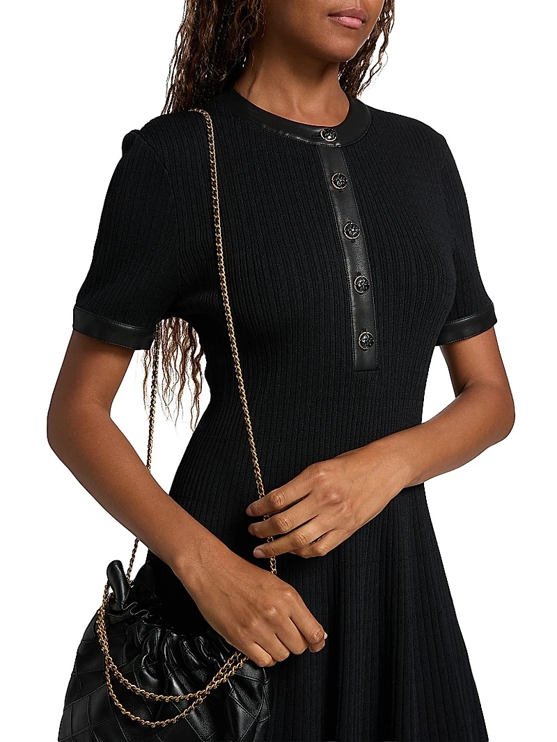 Faux Leather-Trim Henley Minidress