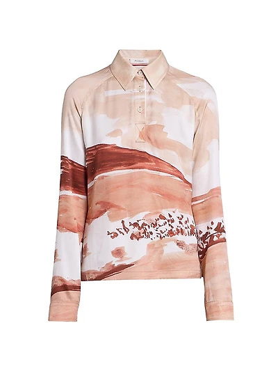 Abstract Print Long-Sleeve Polo Top