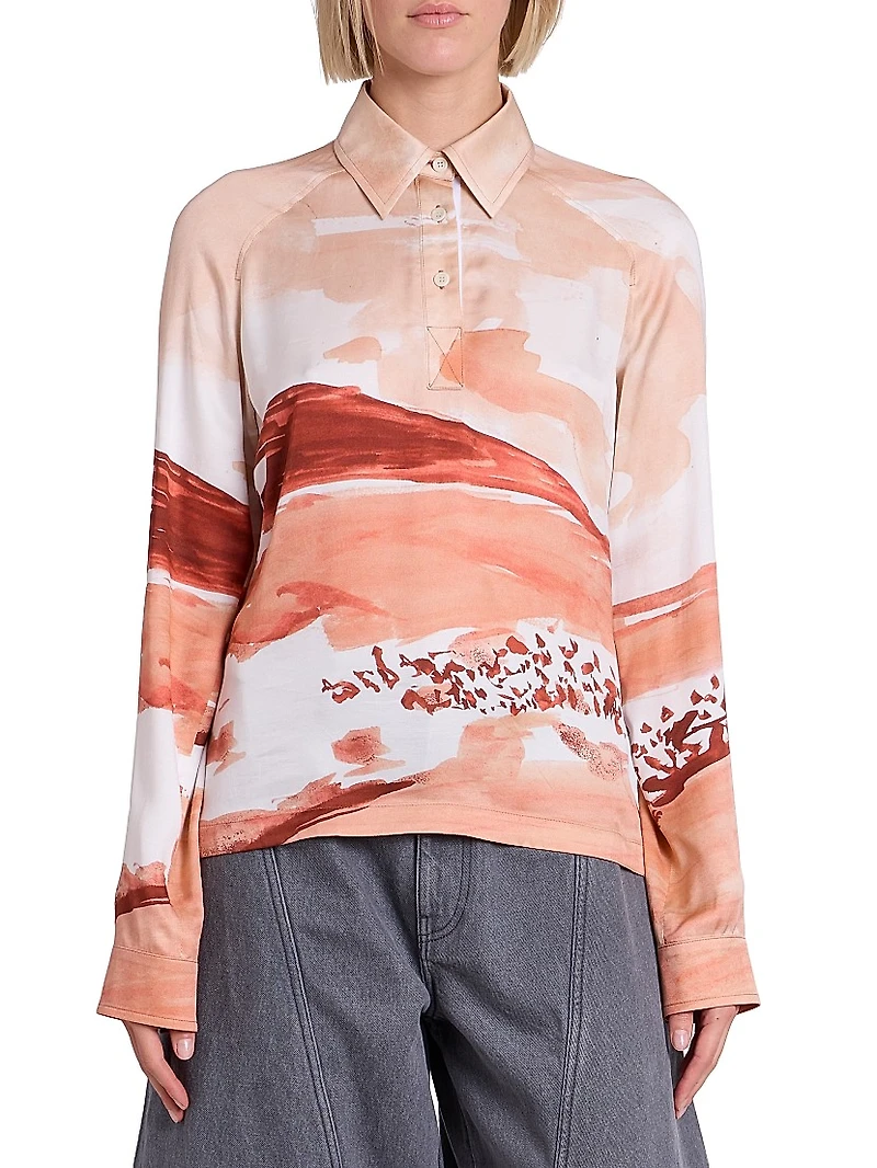 Abstract Print Long-Sleeve Polo Top