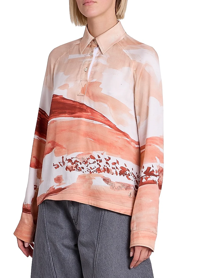 Abstract Print Long-Sleeve Polo Top
