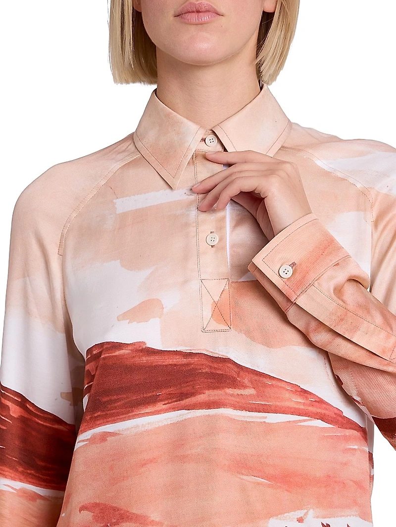 Abstract Print Long-Sleeve Polo Top