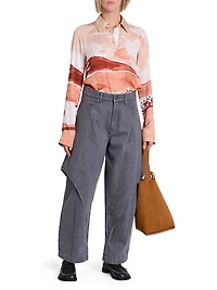 Abstract Print Long-Sleeve Polo Top