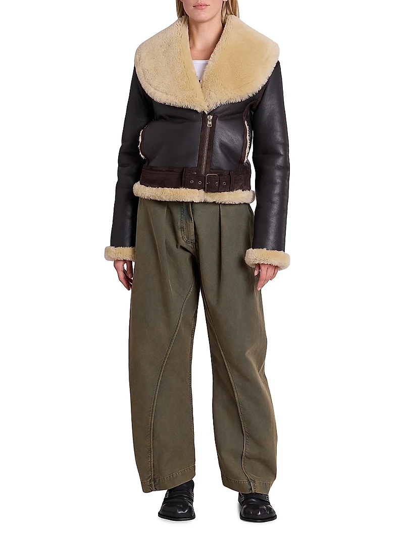 Shearling-Trimmed Leather Aviator Jacket