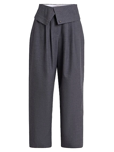 Foldover Wool Wide-Leg Pants