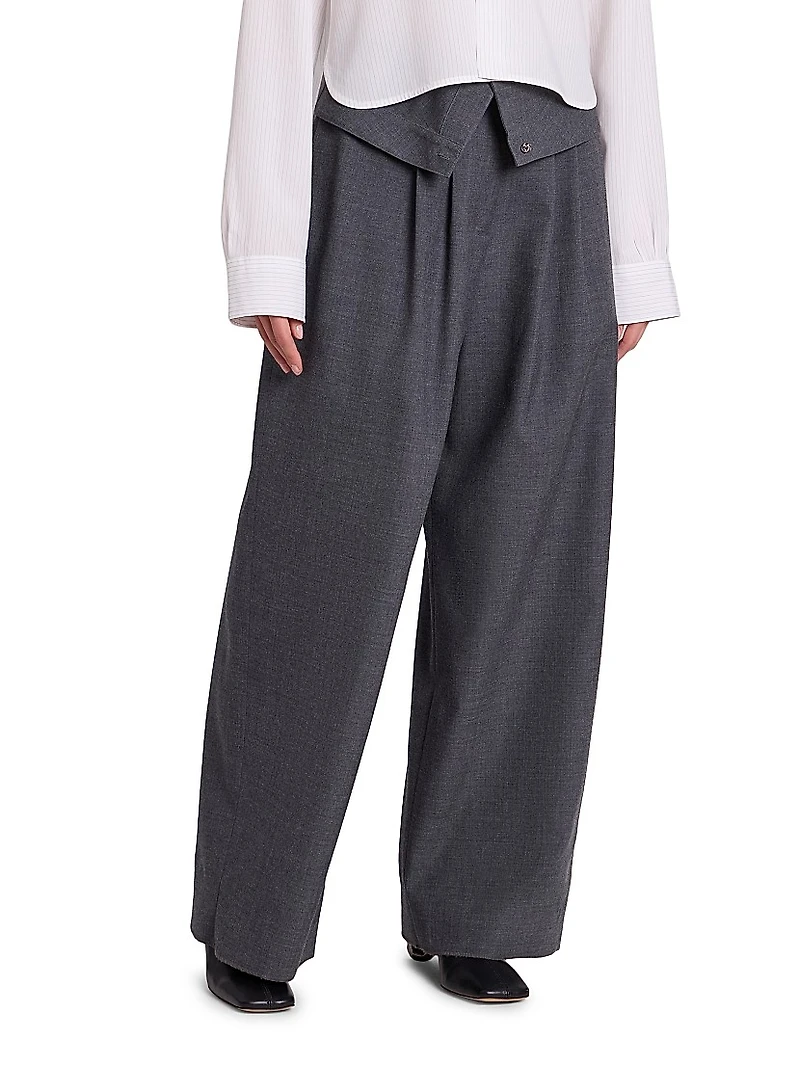 Foldover Wool Wide-Leg Pants