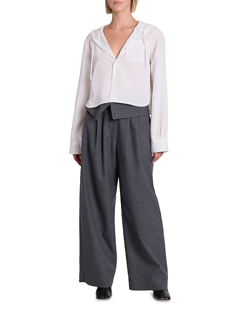 Foldover Wool Wide-Leg Pants