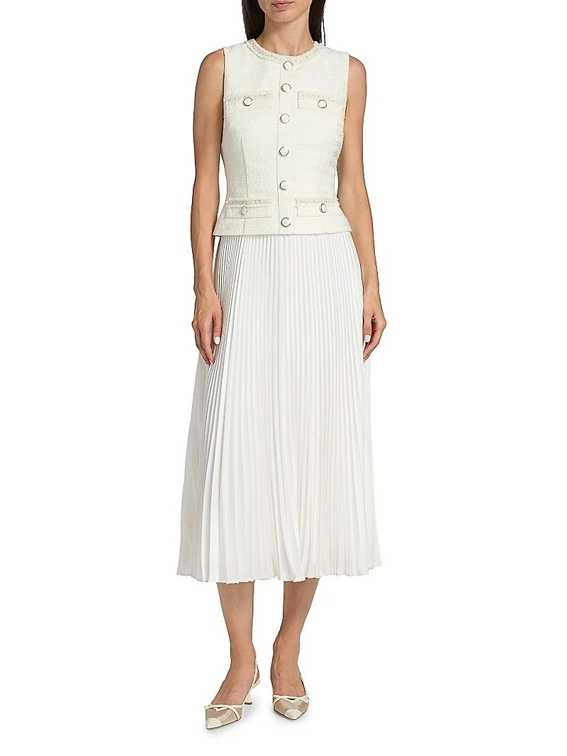 Bouclé Mixed-Media Midi-Dress