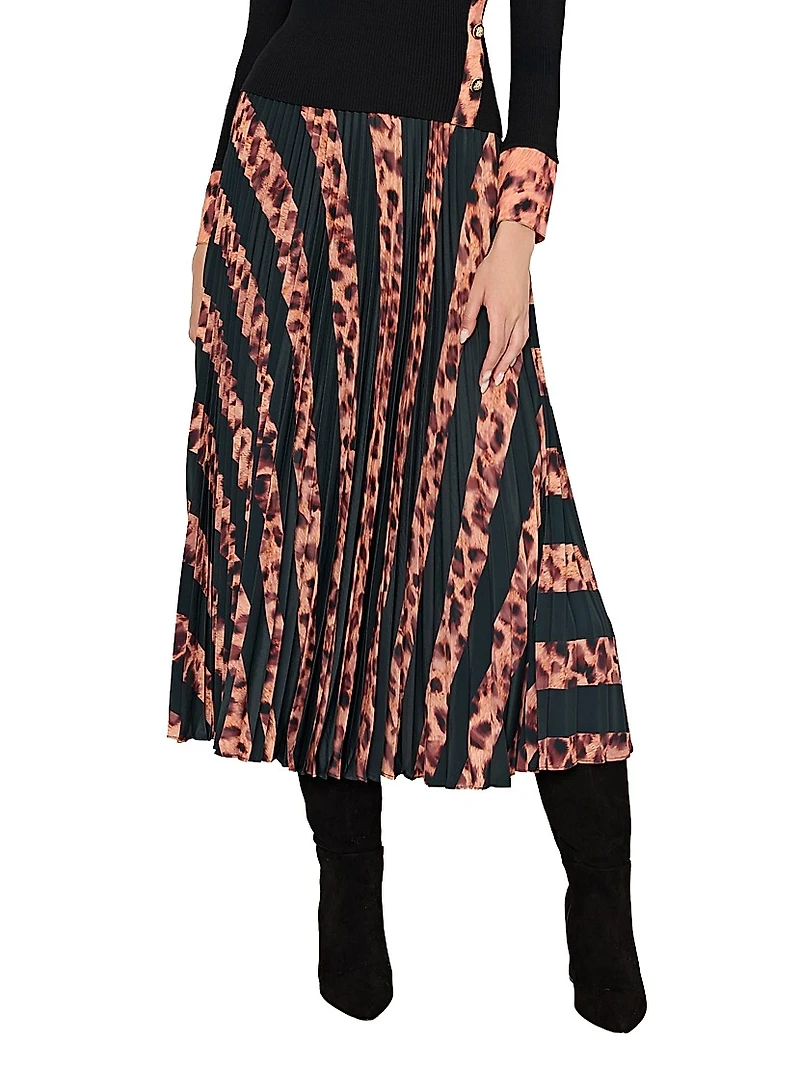 Otha Striped Leopard Pleated Midi-Skirt