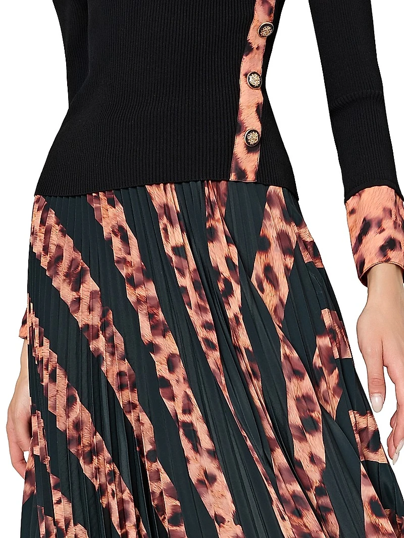 Otha Striped Leopard Pleated Midi-Skirt