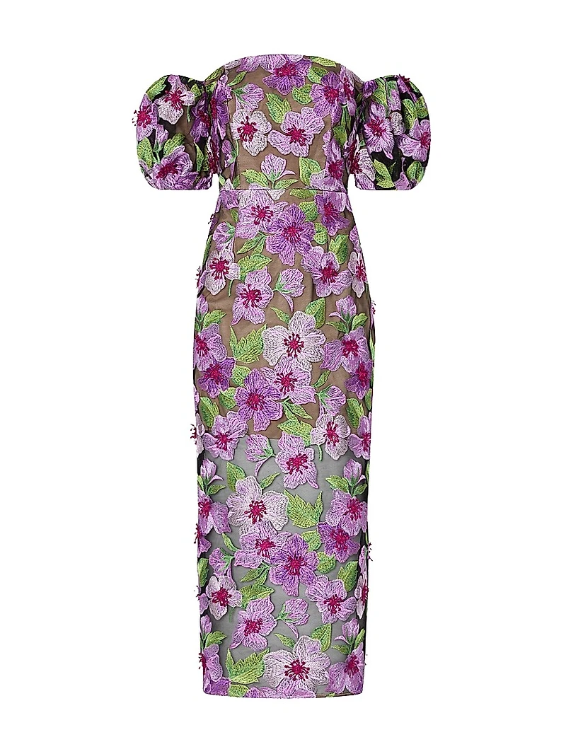 Nira Floral-Embroidered Off-The-Shoulder Midi-Dress