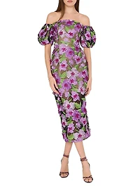Nira Floral-Embroidered Off-The-Shoulder Midi-Dress