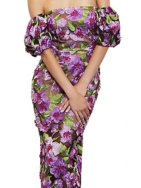 Nira Floral-Embroidered Off-The-Shoulder Midi-Dress