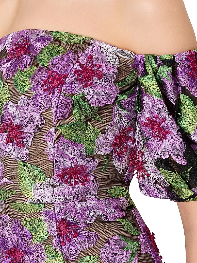 Nira Floral-Embroidered Off-The-Shoulder Midi-Dress